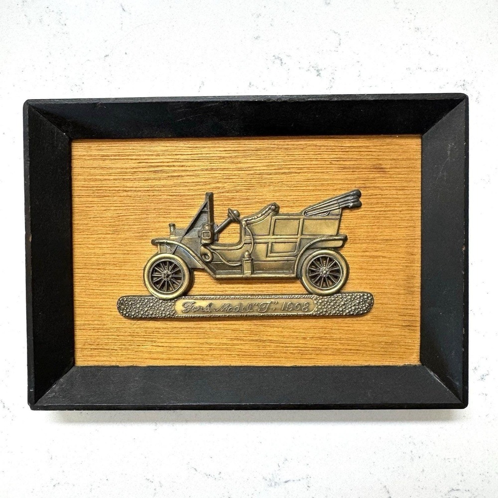 Vintage Ford Model T 1908 Wall Plaque Brown Brass Relief Wood Frame Japan